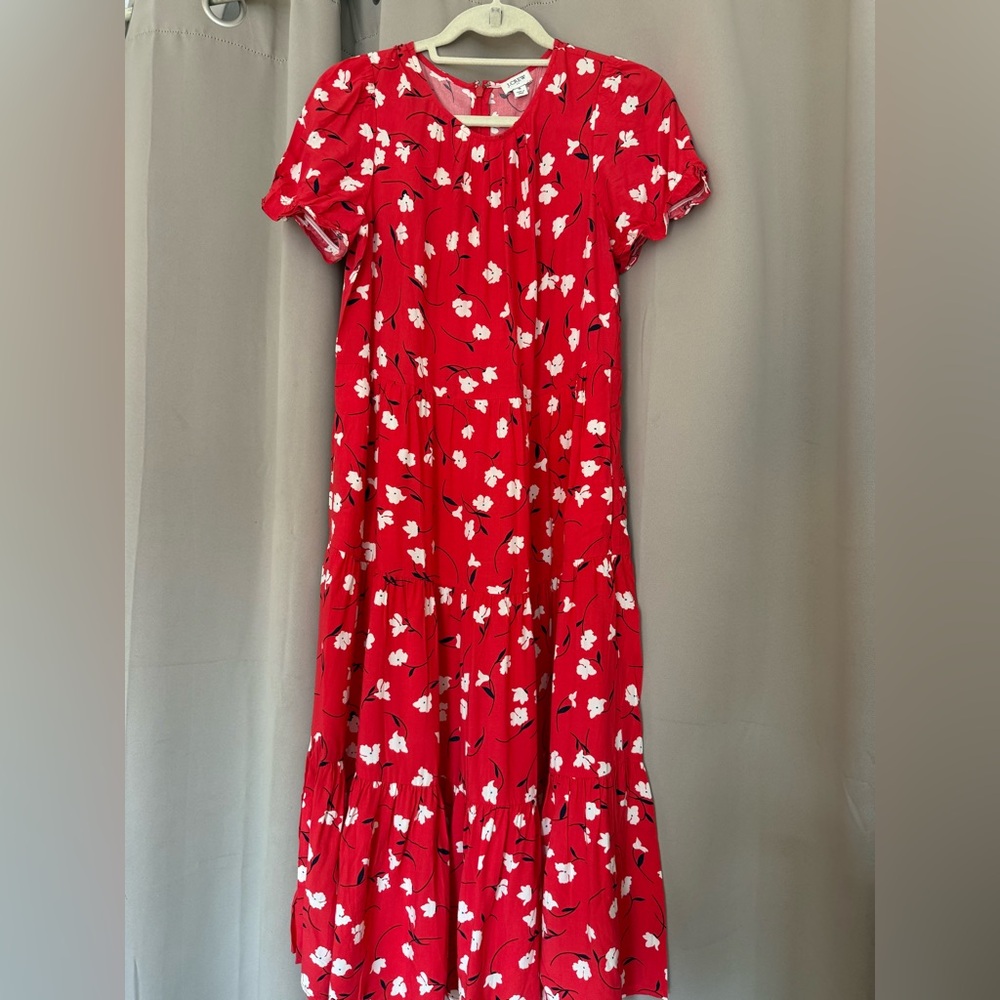 J. Crew Red Floral Sundress with White Blossoms and pockets